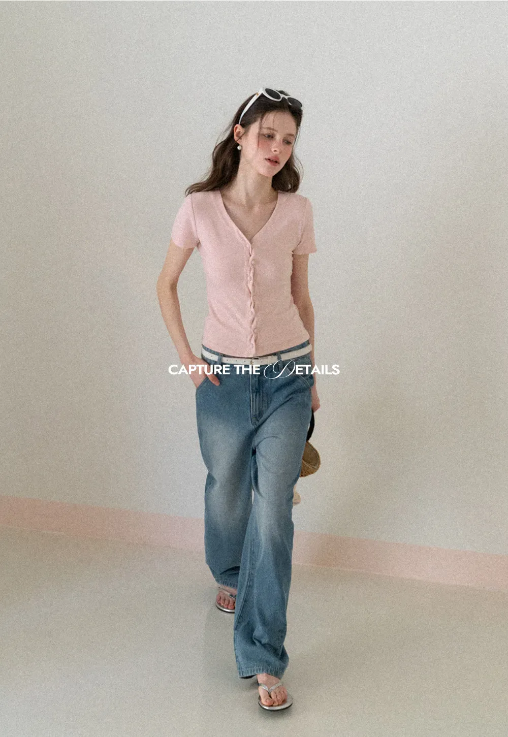 V neck short sleeve button front top