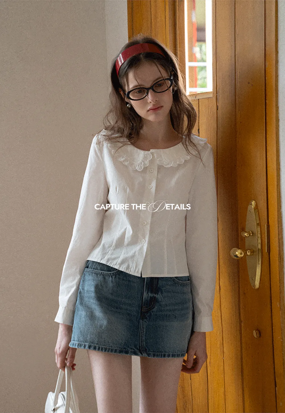 Long sleeve button front shirt with lace collar