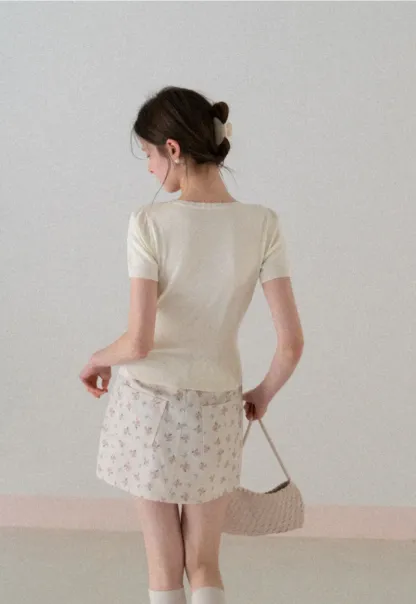 Short Sleeve Knit Top with Lace Trim and Button Placket