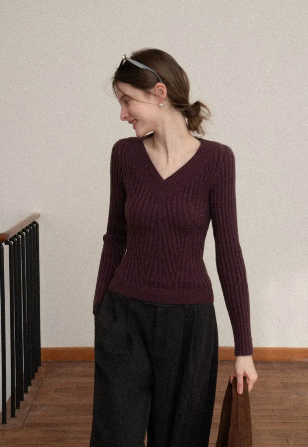 Elegant Ribbed Knit Sweater with V-Neck Design
