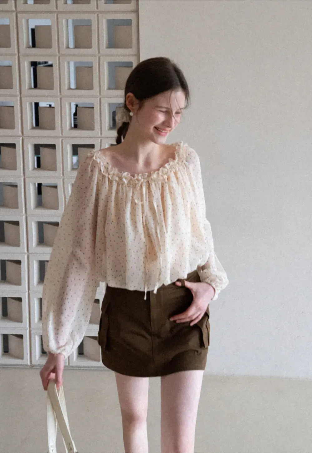 Polka Dot Ruffled Off Shoulder Chiffon Blouse