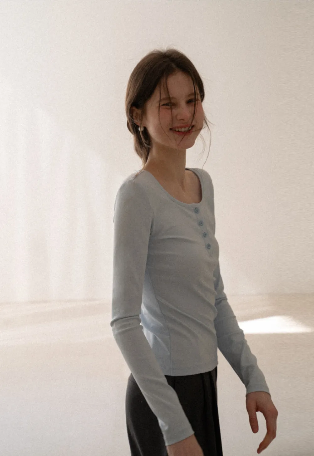 Long sleeve henley top with front buttons