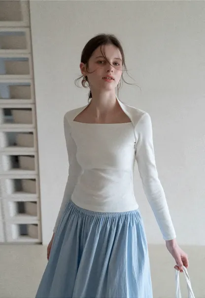 square neck long sleeve top fitted design women's t shirt