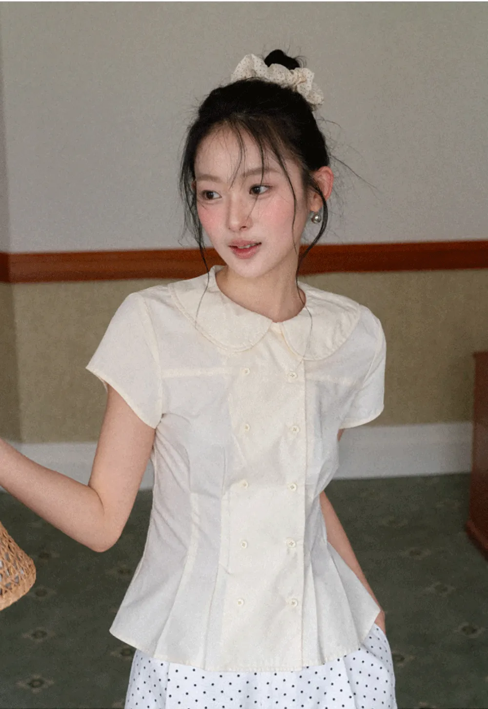 Short Sleeve Shirt with Peter Pan Collar and Peplum Hem