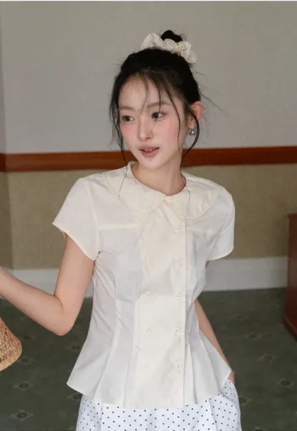 Short Sleeve Shirt with Peter Pan Collar and Peplum Hem