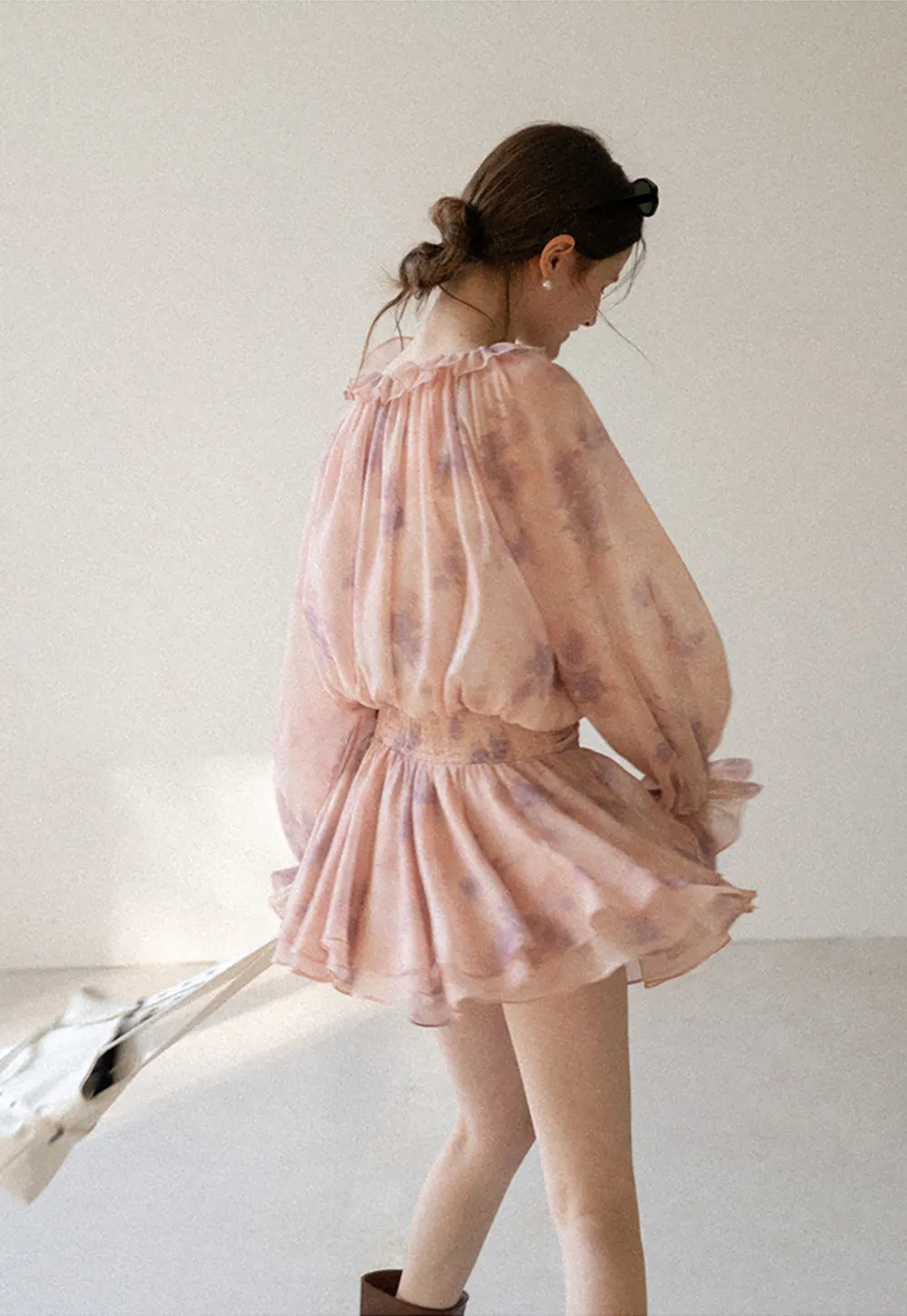 Floral Print Ruffled Neck Long Sleeve Dress