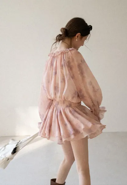 Floral Print Ruffled Neck Long Sleeve Dress