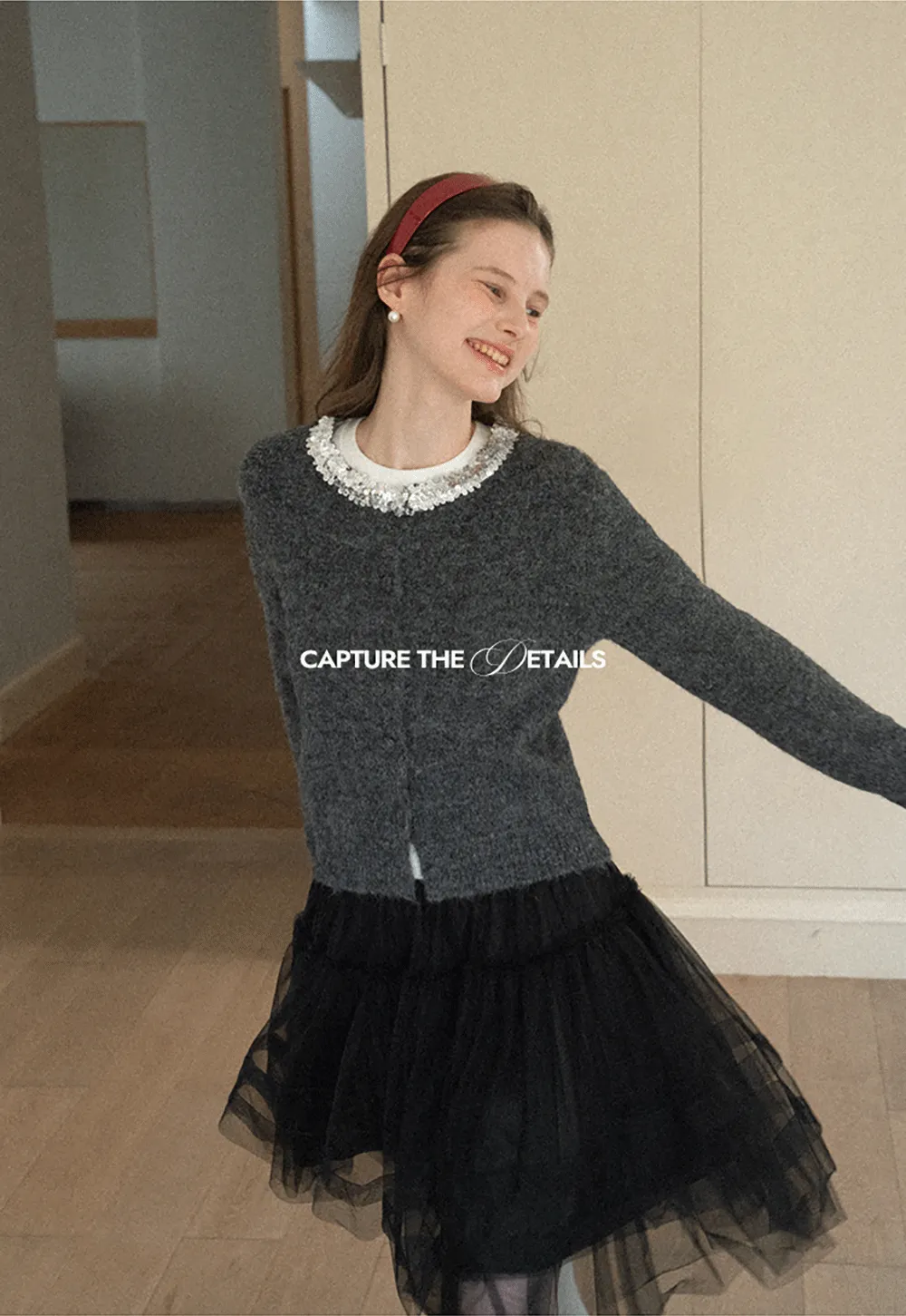 Elegant Woolen Knit Sweater with Embellished Neckline and Long Sleeves