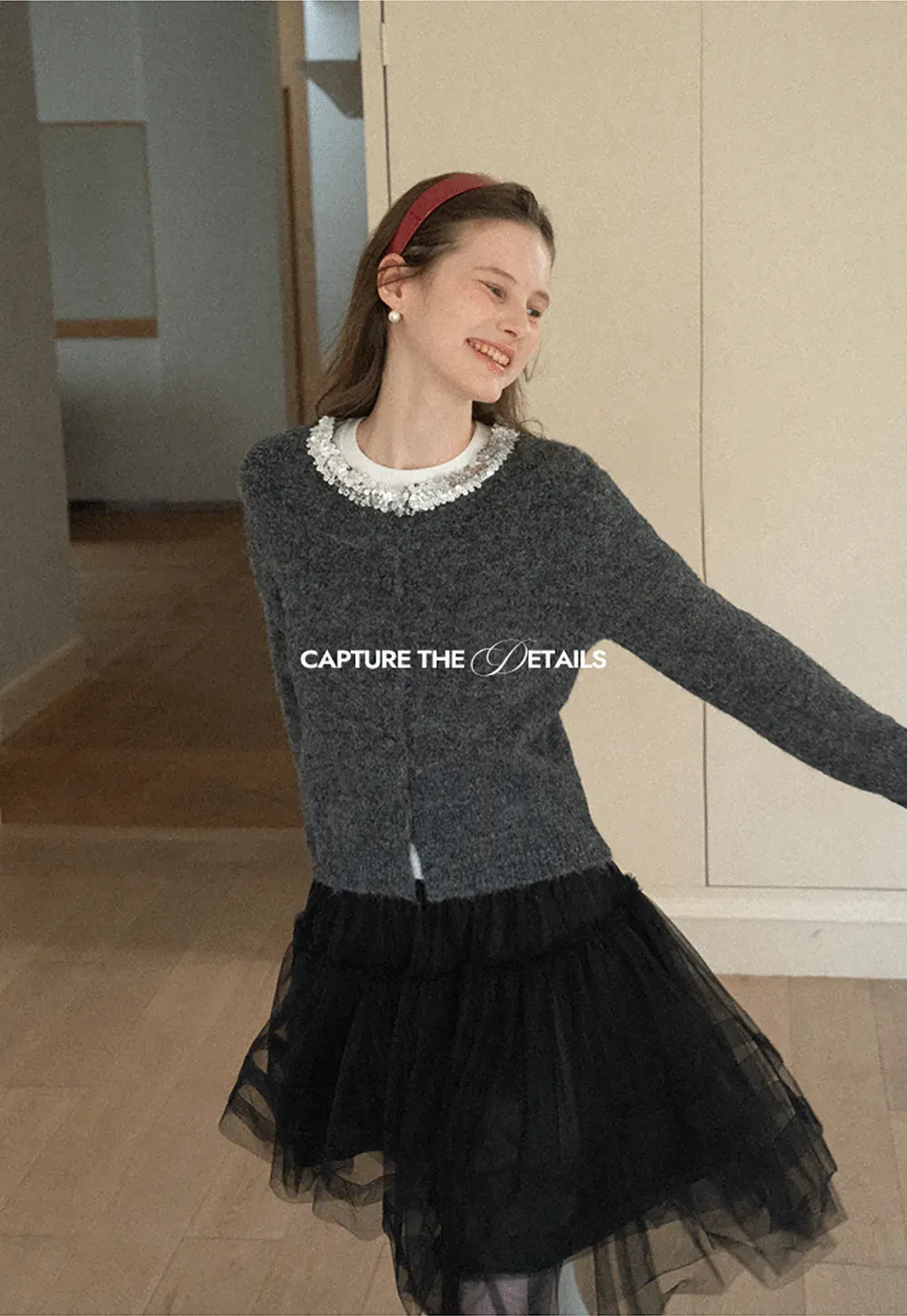 Elegant Woolen Knit Sweater with Embellished Neckline and Long Sleeves