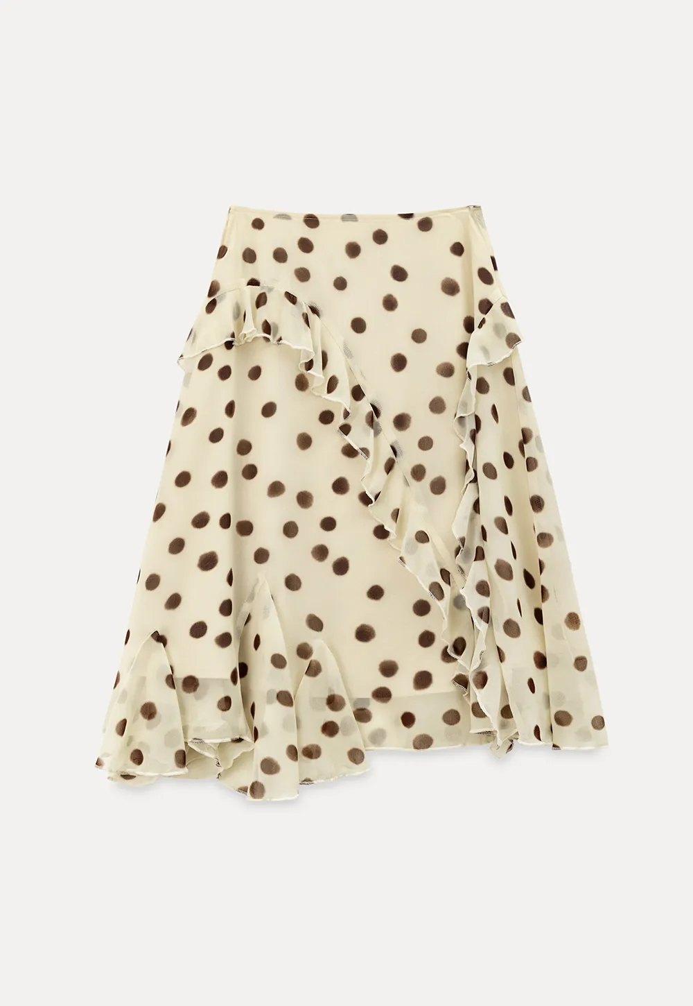 Polka dot ruffled asymmetrical midi skirt