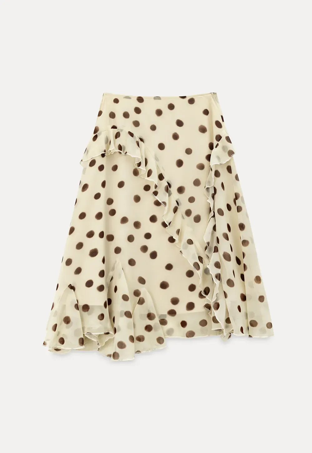 Polka dot ruffled asymmetrical midi skirt