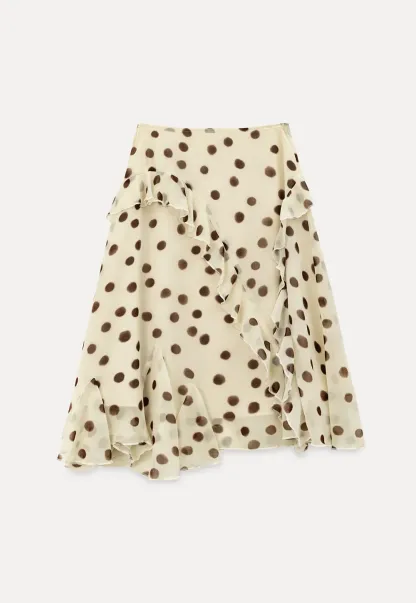 Polka dot ruffled asymmetrical midi skirt