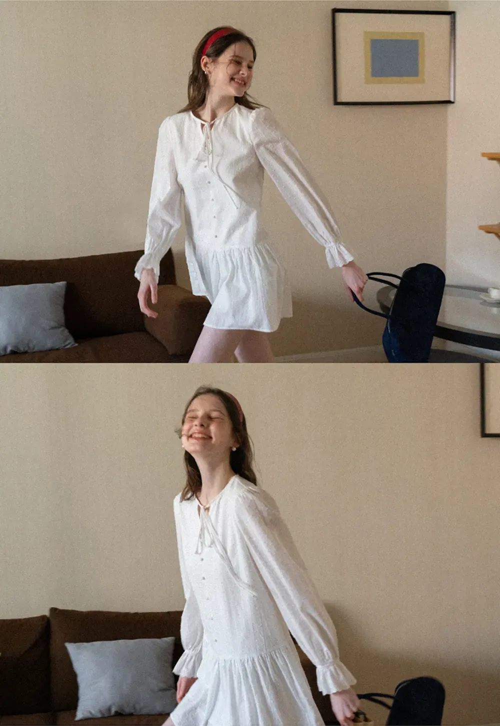 Elegant Long Sleeve Mini Dress with Flared Hem and Neck Tie