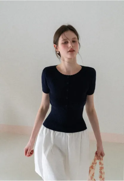 Short Sleeve Knit Top with Lace Trim and Button Placket