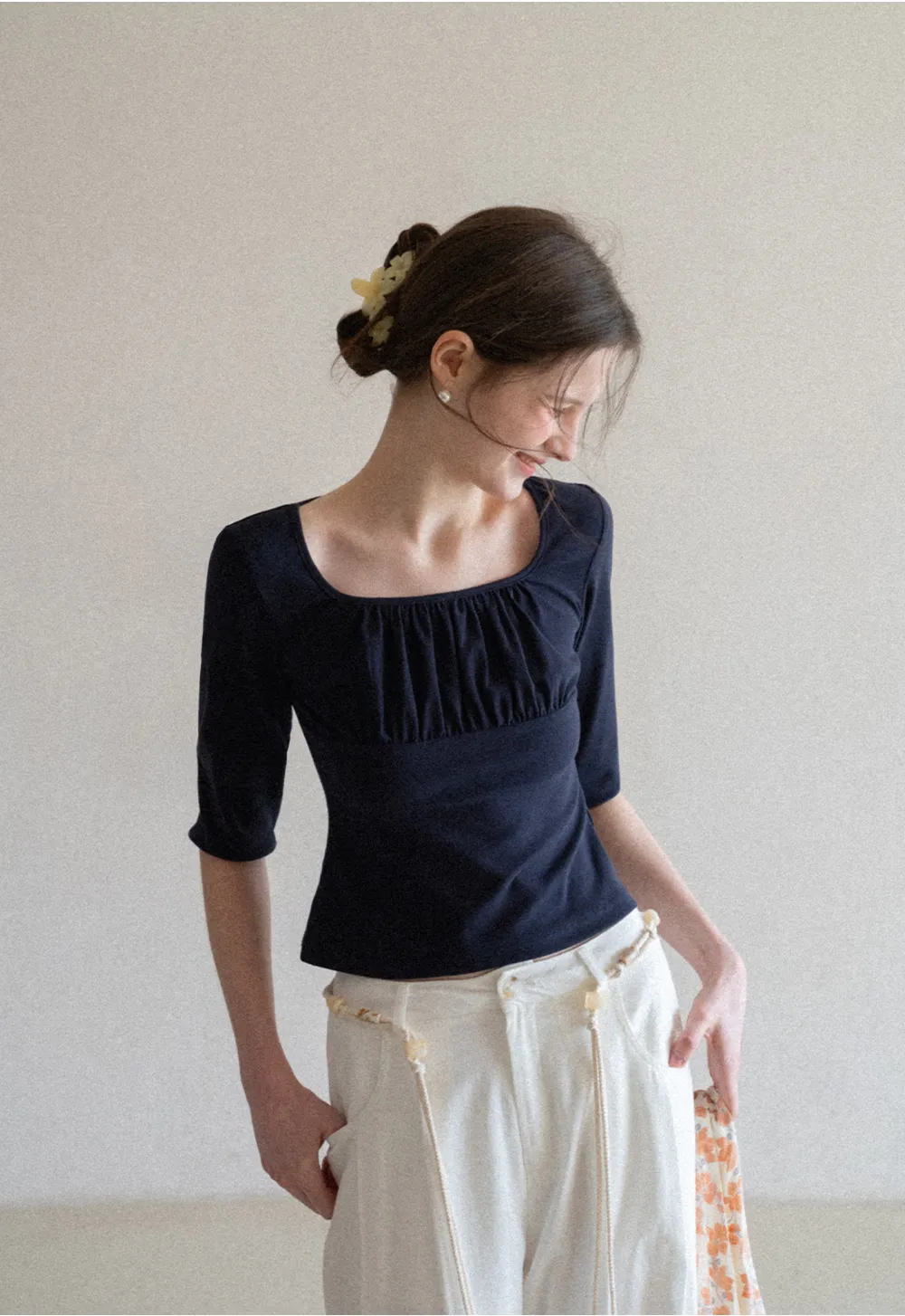 Square neck short sleeve top with gathered detail