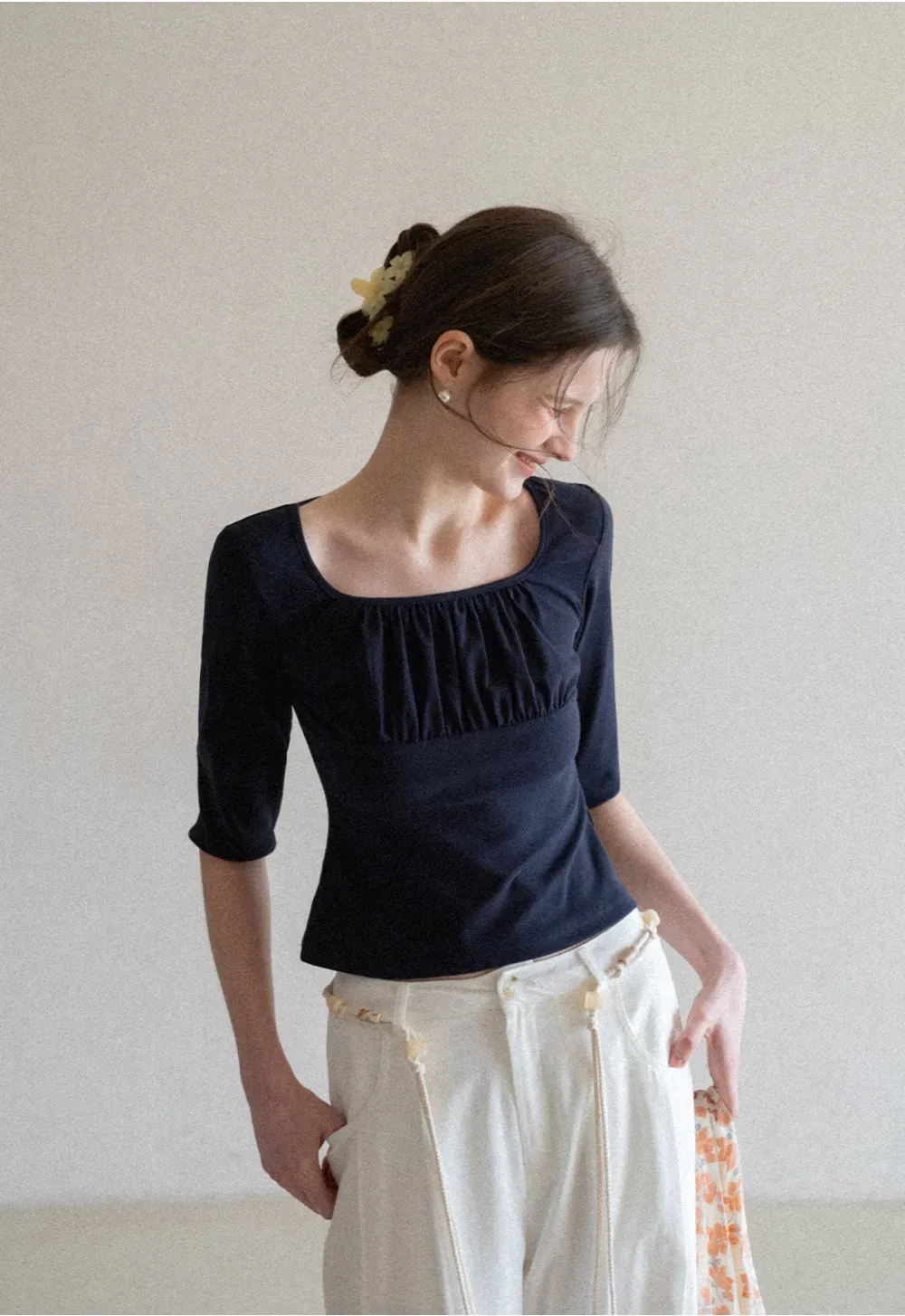 Square neck short sleeve top with gathered detail