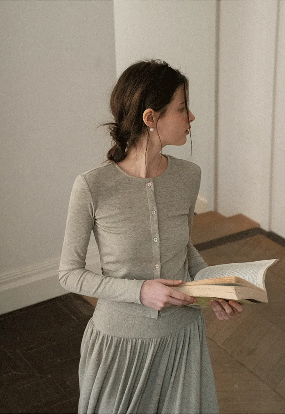 Long sleeve button front top and asymmetrical skirt