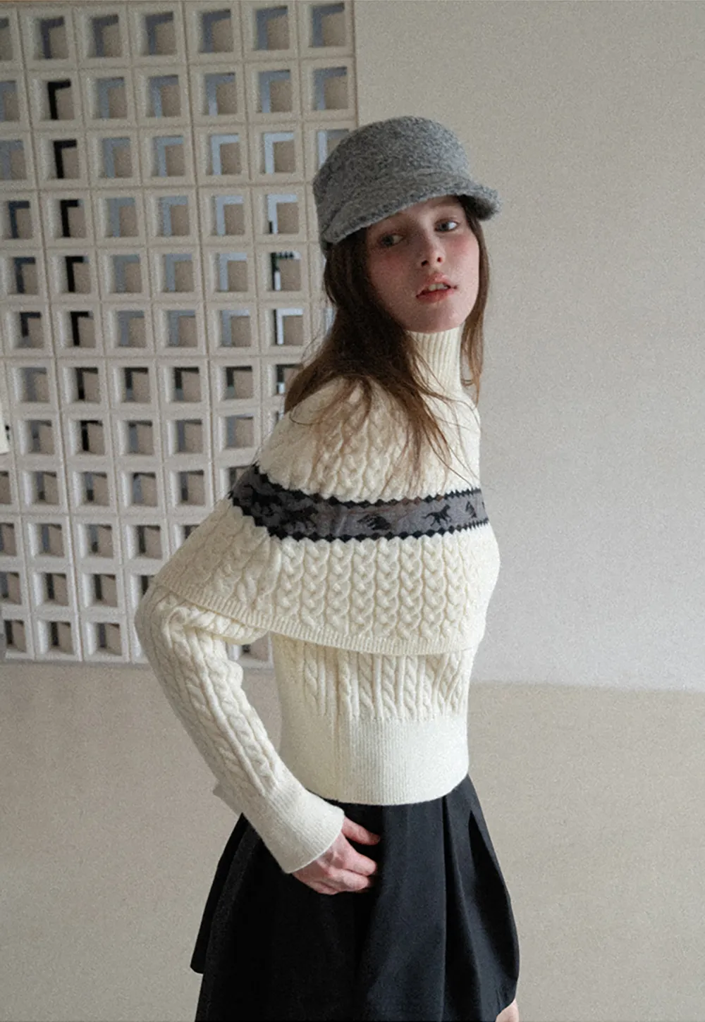 Turtleneck Cable Knit Sweater with Horse Pattern Stripe