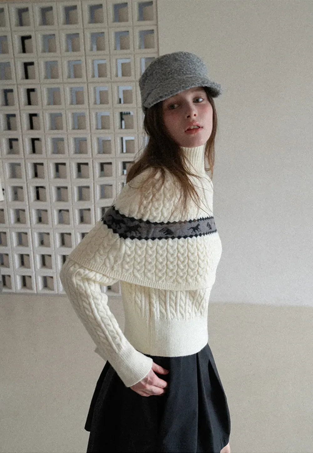 Turtleneck Cable Knit Sweater with Horse Pattern Stripe