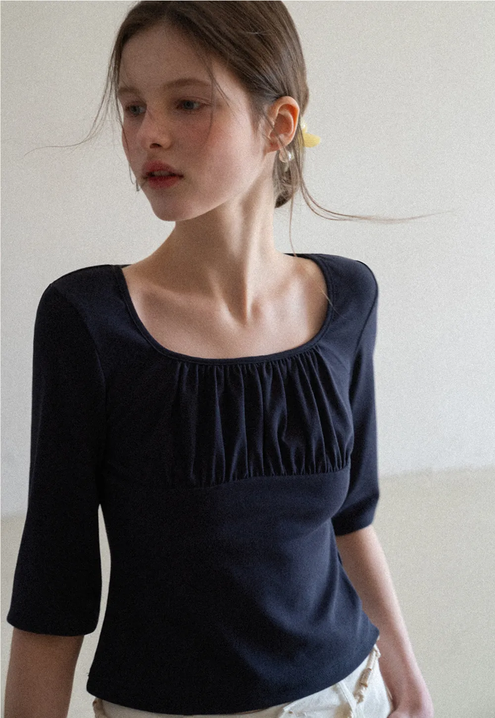 Square neck short sleeve top with gathered detail