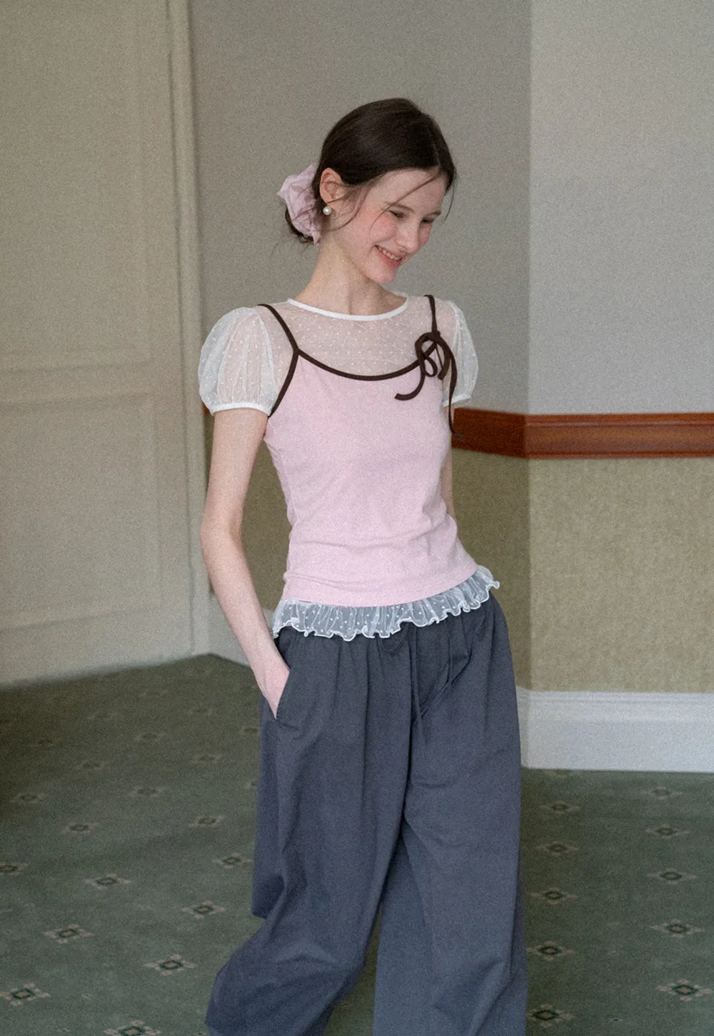 Sheer Mesh Trimmed Tank Top with Bow Detail