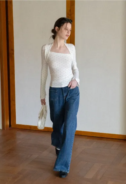 Polka dot long sleeve top with square neckline