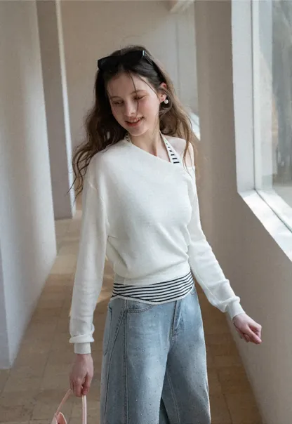 Off Shoulder Long Sleeve Knit Sweater with Striped Trim