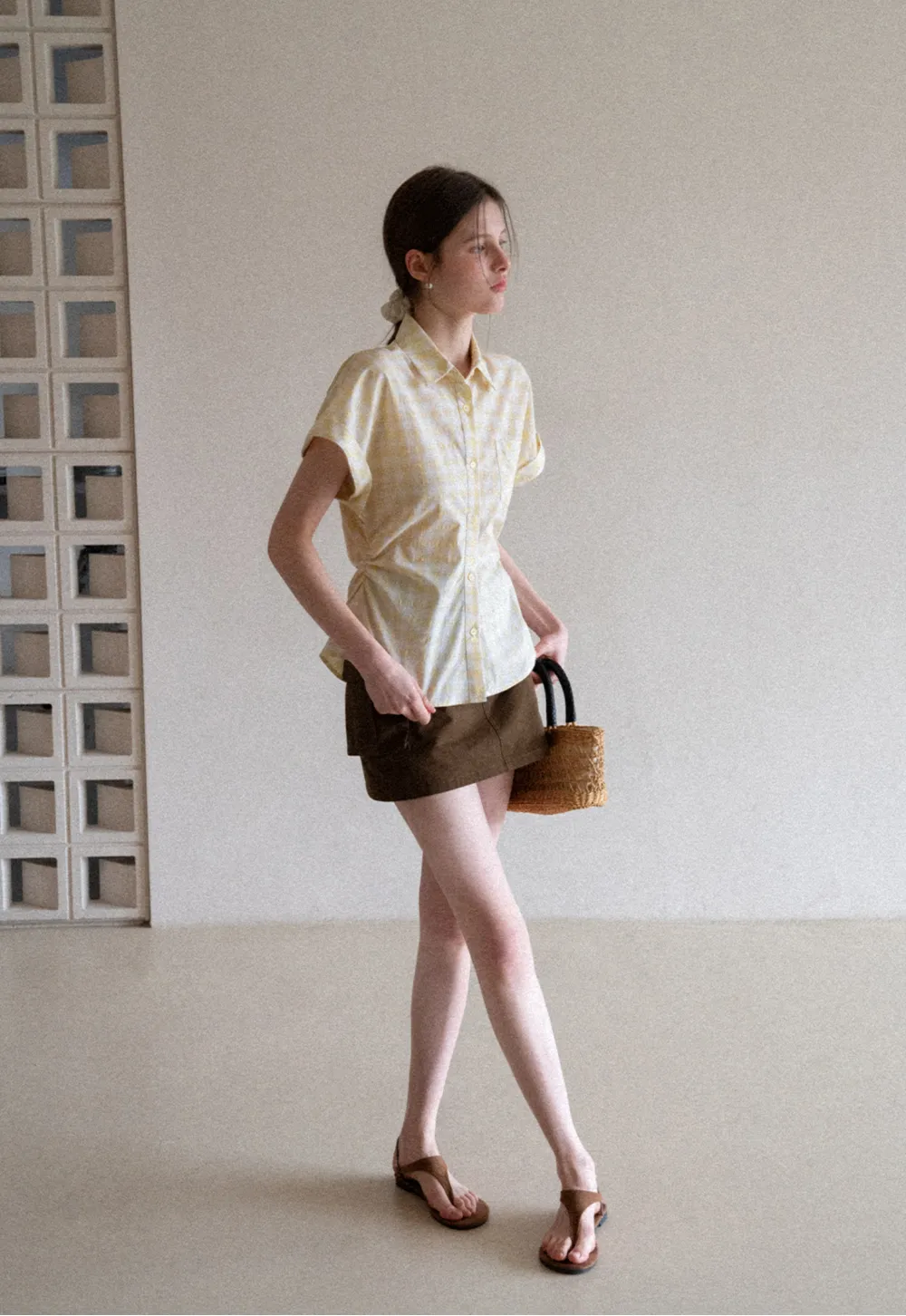 Checkered Shirt with Short Sleeves and Pleated Back