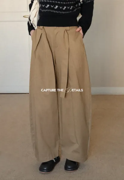 Wide leg pleated casual pants with tie waist design