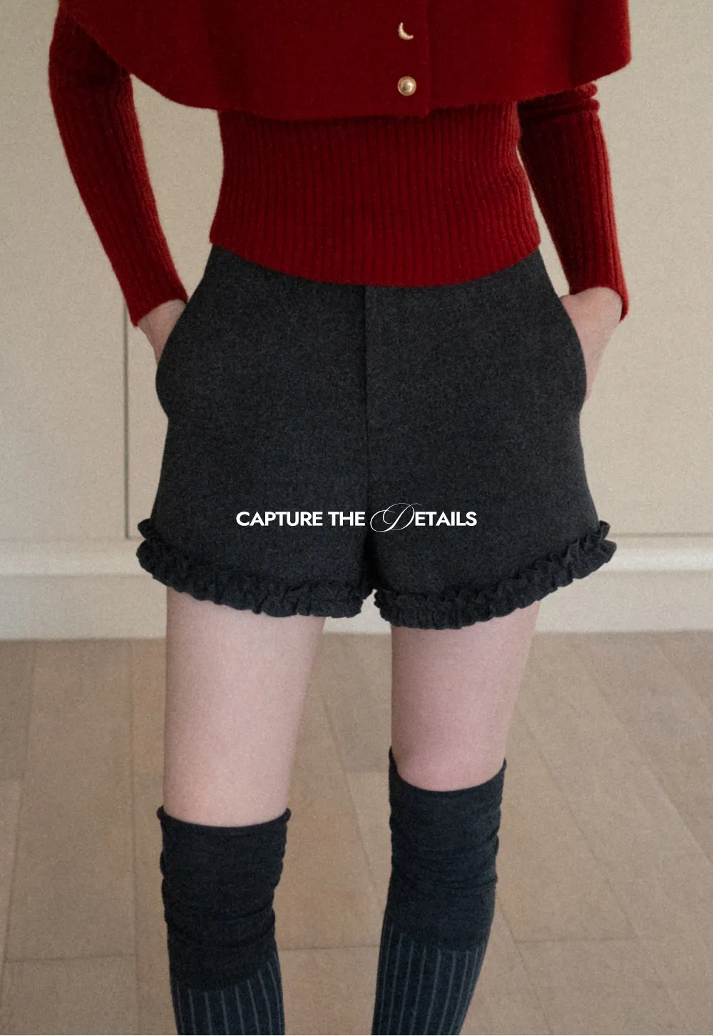 High waist shorts with ruffle hem and belt design