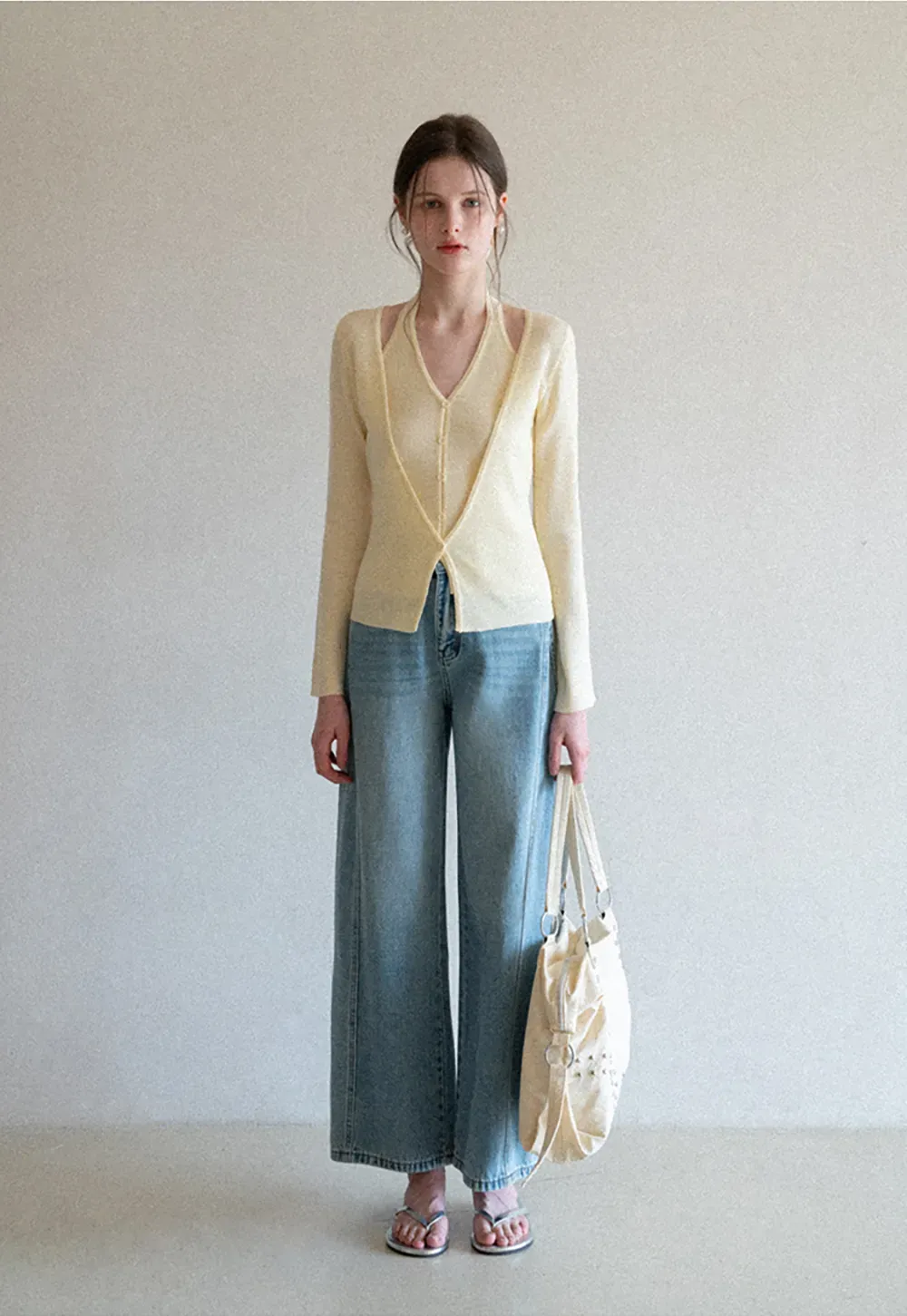 V neck long sleeve knit cardigan with open shoulders