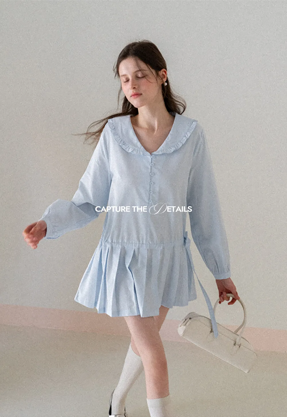 Pleated Hem Long Sleeve Blouse with Ruffled Collar