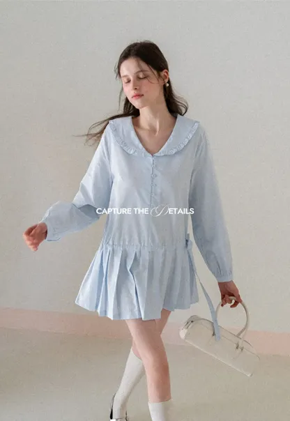 Pleated Hem Long Sleeve Blouse with Ruffled Collar