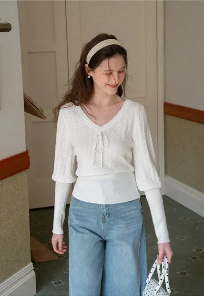 V Neck Knit Sweater with Front Tie Detail