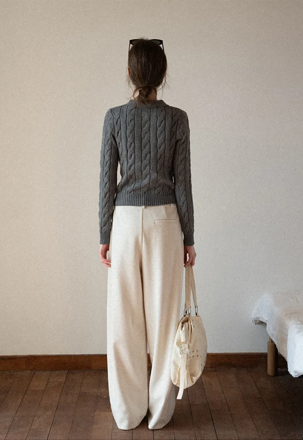 Cable Knit Crop Sweater with Collar