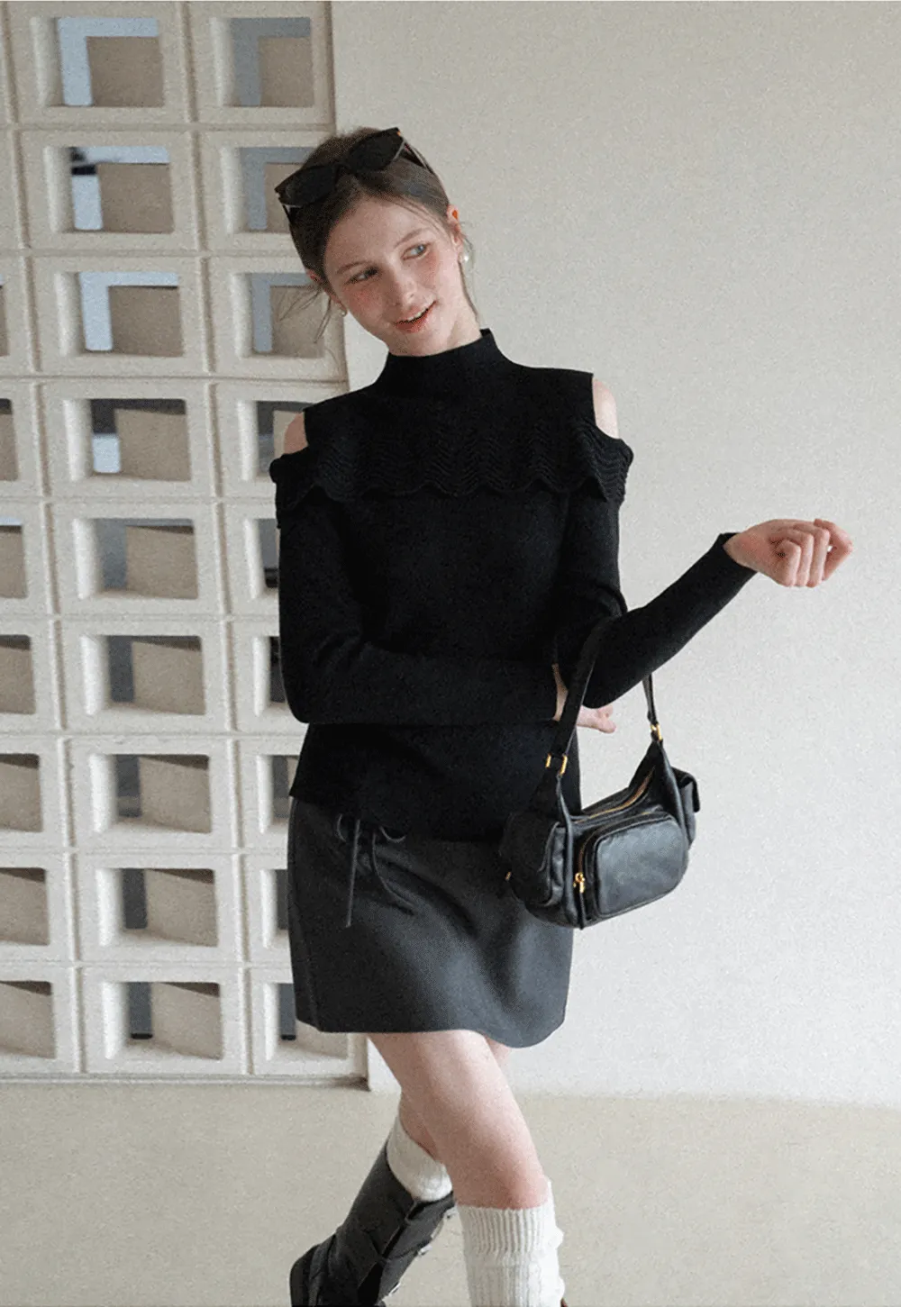 Elegant Off Shoulder Knit Sweater with Wave Detail