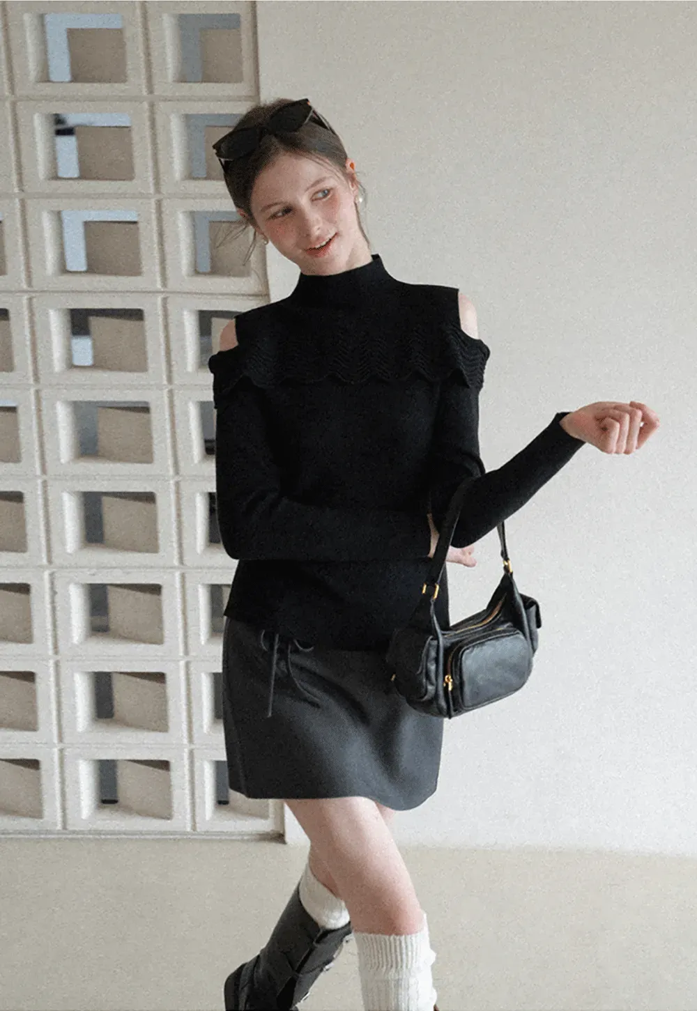 Elegant Off Shoulder Knit Sweater with Wave Detail