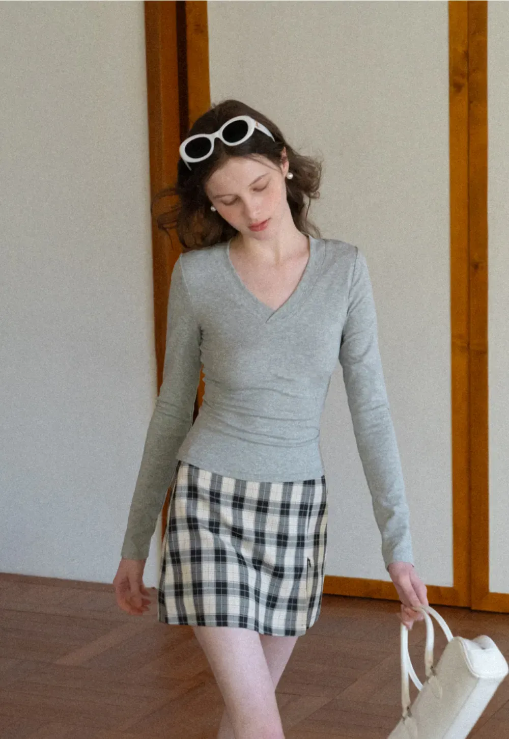 Plaid Skirt with Front Slit