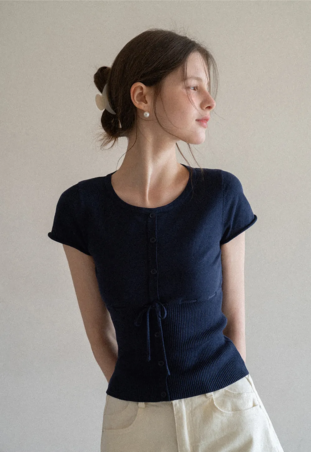 Short Sleeve Knit Cardigan with Front Buttons and Waist Tie