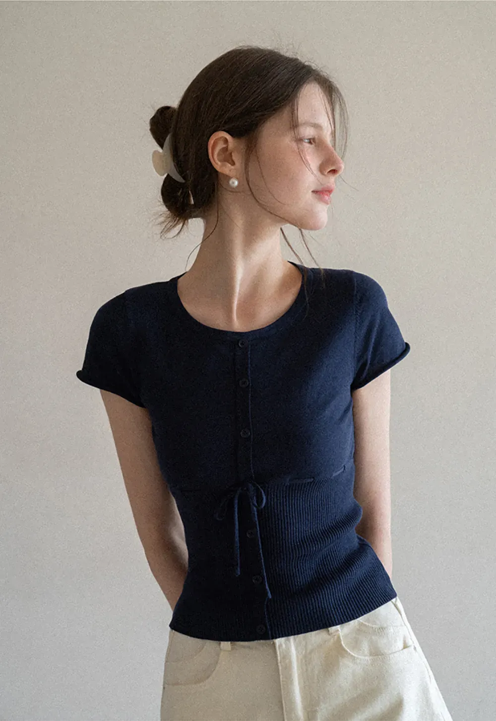 Short Sleeve Knit Cardigan with Front Buttons and Waist Tie