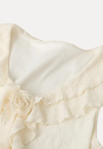 Sleeveless Top with Ruffled V Neck and Floral Detail