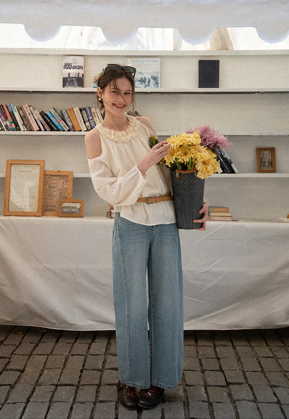 Lace Chiffon Blouse with Ruffled Neck and Cold Shoulder