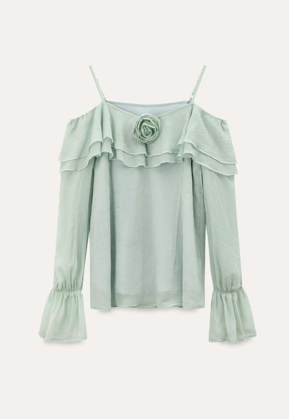 Off Shoulder Blouse with Ruffled Layers and Floral Embellishment