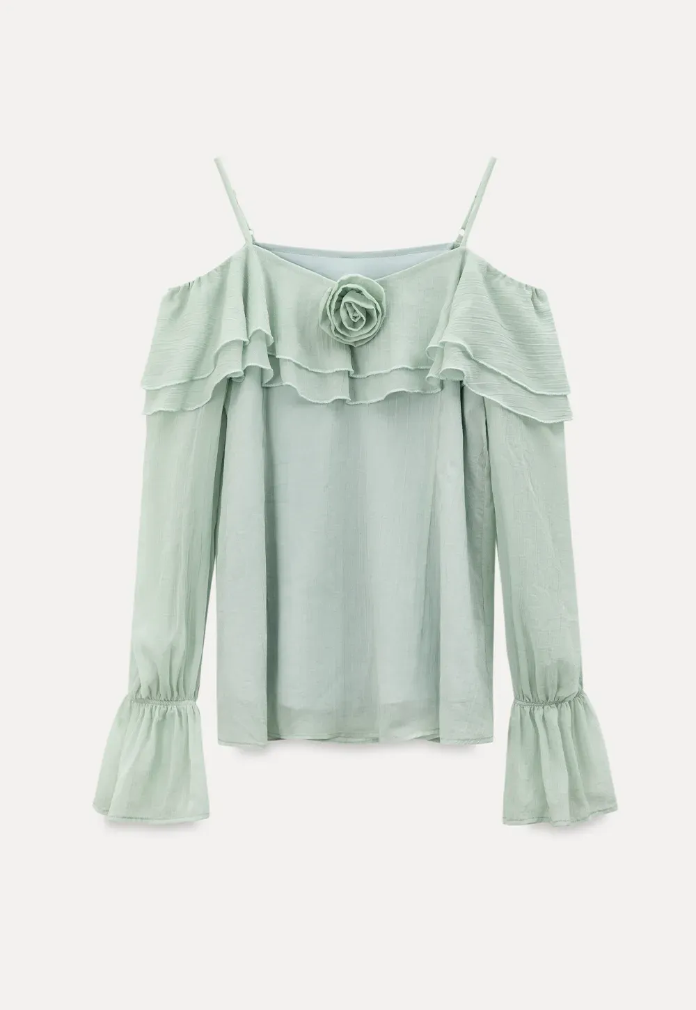Off Shoulder Blouse with Ruffled Layers and Floral Embellishment