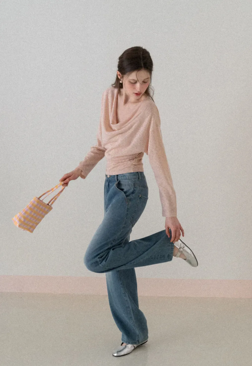 Long sleeve off shoulder draped knit top