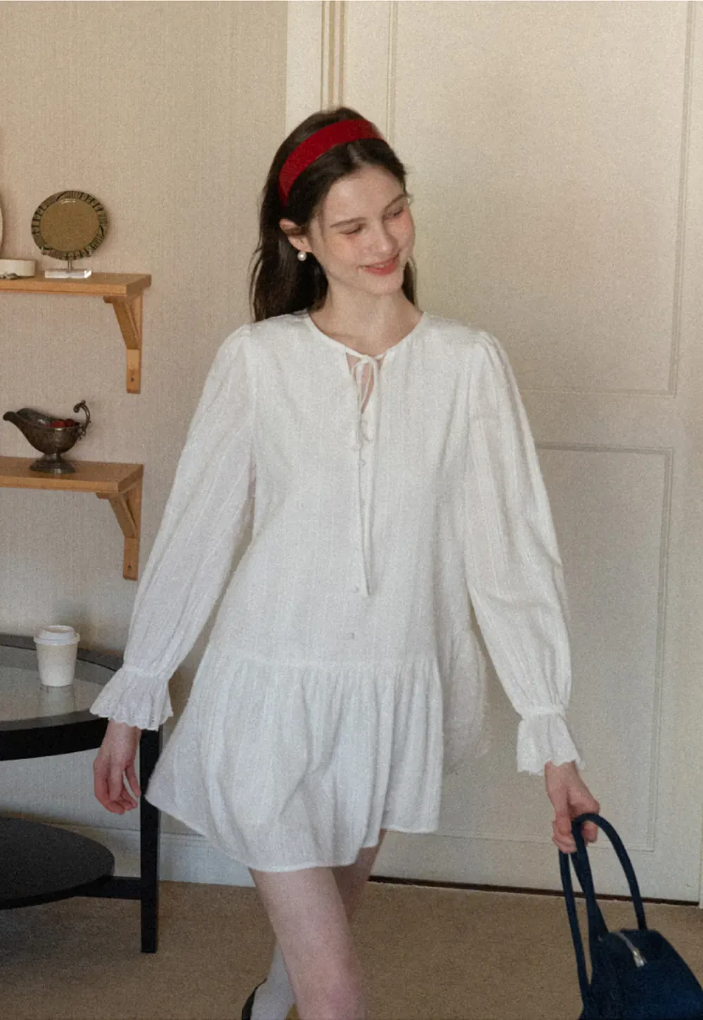 Elegant Long Sleeve Mini Dress with Flared Hem and Neck Tie