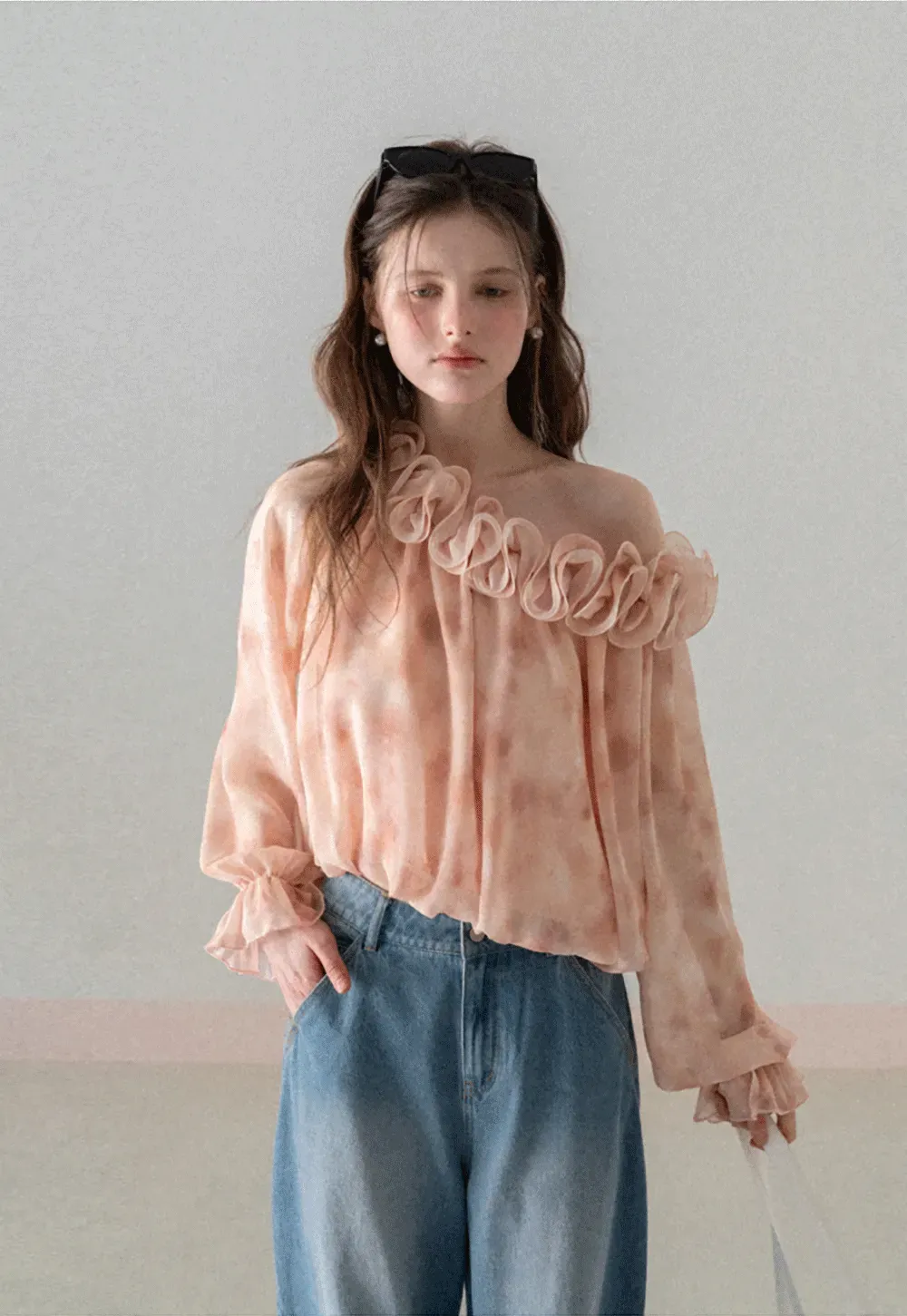 Off Shoulder Ruffled Lace Chiffon Blouse