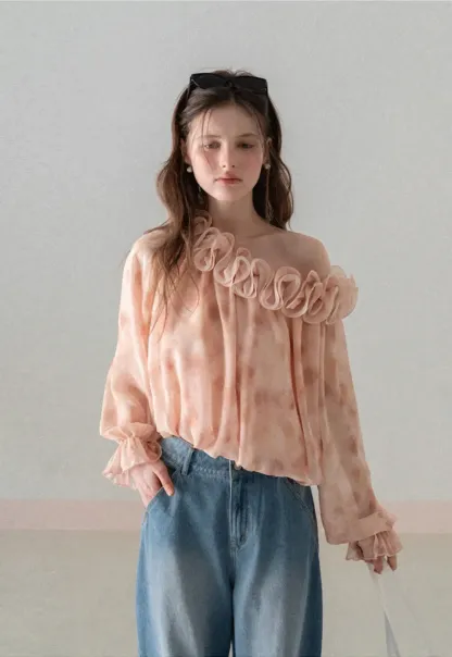 Off Shoulder Ruffled Lace Chiffon Blouse
