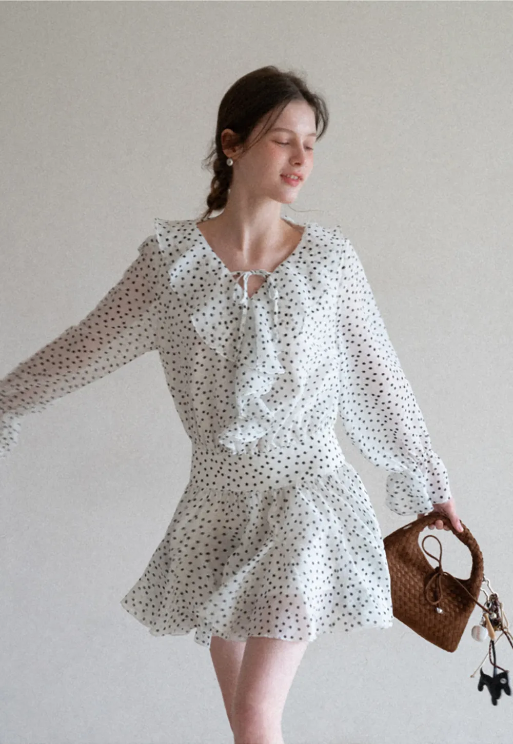 Polka Dot Ruffle Dress with V Neck and Long Sleeves