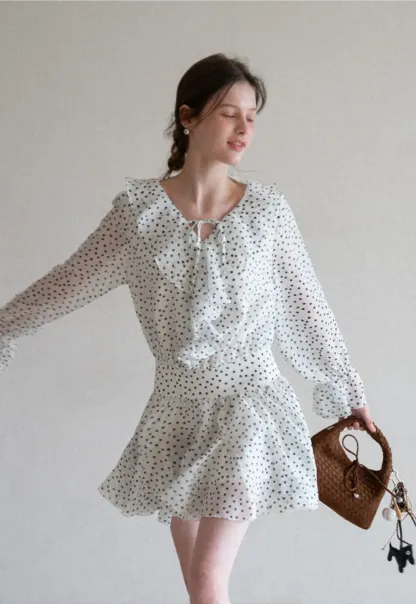 Polka Dot Ruffle Dress with V Neck and Long Sleeves